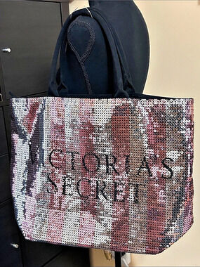 Victoria's Secret Sequin Stripe Tote Bag Black & Pink EUC